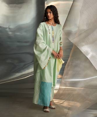 Mint green embroidered chanderi kurta set 1