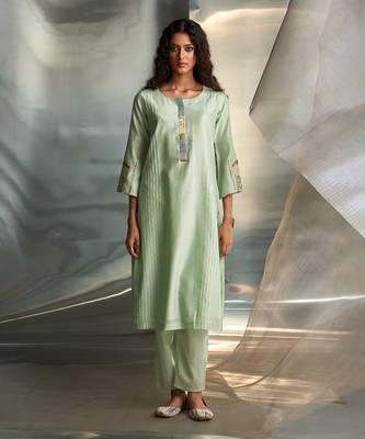 Mint green embroidered chanderi kurta set 2