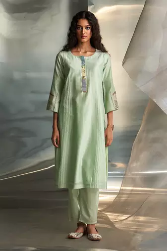 Mint green embroidered chanderi kurta set