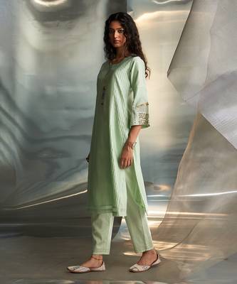 Mint green embroidered chanderi kurta set 3