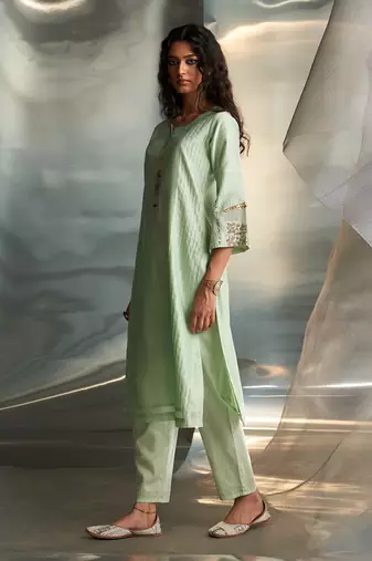 Mint green embroidered chanderi kurta set