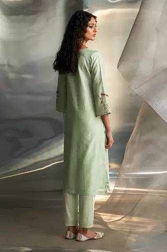 Mint green embroidered chanderi kurta set