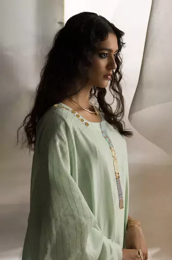 Mint green embroidered chanderi kurta set