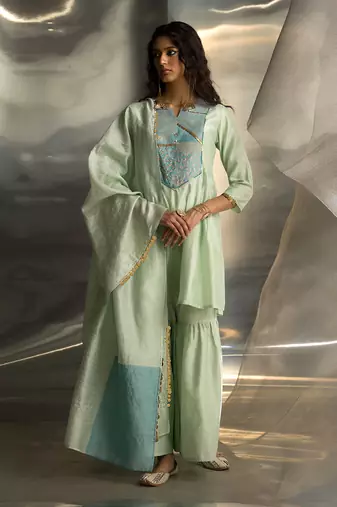 Mint green embroidered chanderi sharara sets