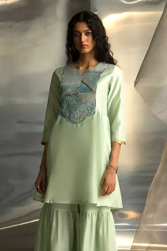 Mint green embroidered chanderi sharara sets