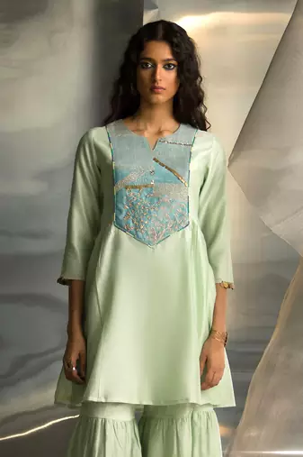 Mint green embroidered chanderi sharara sets