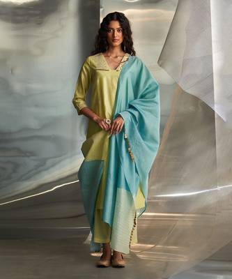 Butter yellow embroidered chanderi kurta set 1