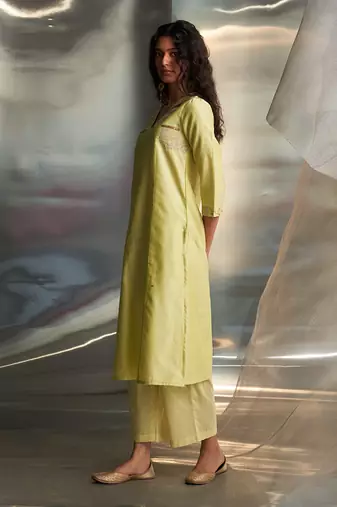 Butter yellow embroidered chanderi kurta set