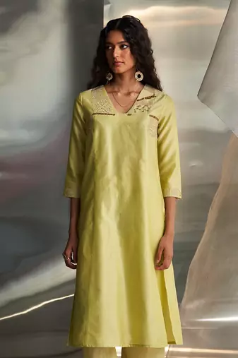 Butter yellow embroidered chanderi kurta set
