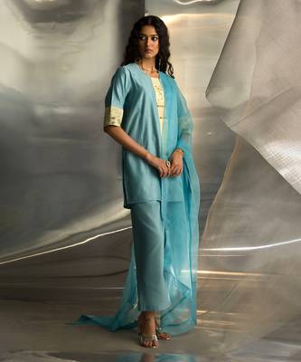 Powder blue embroidered chanderi kurta set 1