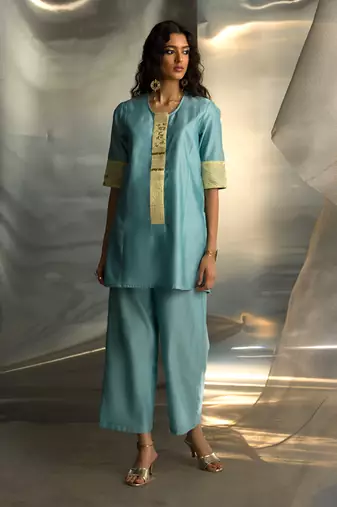 Powder blue embroidered chanderi kurta set