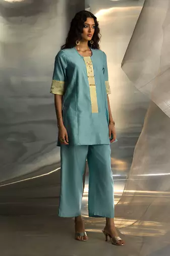 Powder blue embroidered chanderi kurta set
