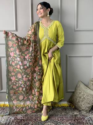 Lemon Viscose Rayon Fabric Straight Kurta, Pant and Dupatta Set 1