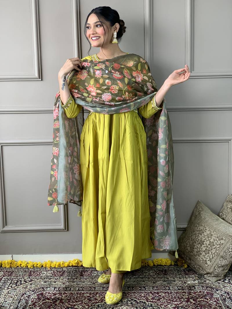 Lemon Viscose Rayon Fabric Straight Kurta, Pant and Dupatta Set