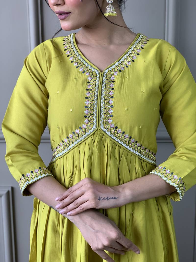 Lemon Viscose Rayon Fabric Straight Kurta, Pant and Dupatta Set