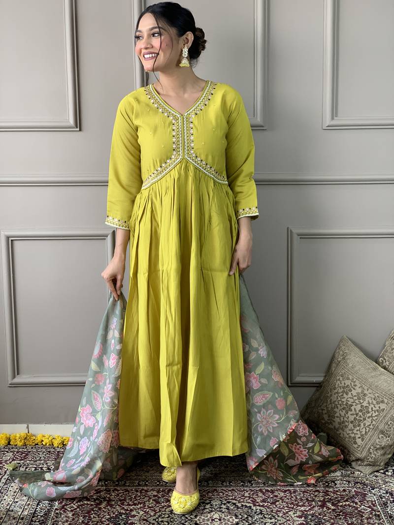 Lemon Viscose Rayon Fabric Straight Kurta, Pant and Dupatta Set