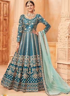 Designer turquoise art silk embroidery anarkali suit 1