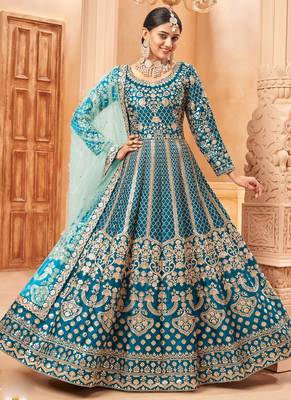 Designer turquoise art silk embroidery anarkali suit 2