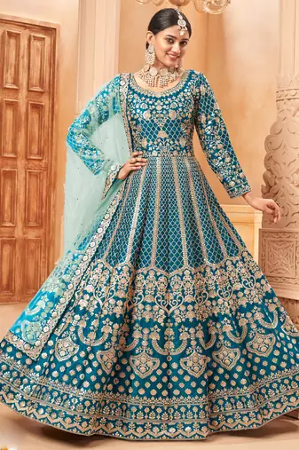 Designer turquoise art silk embroidery anarkali suit