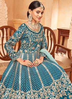 Designer turquoise art silk embroidery anarkali suit 3