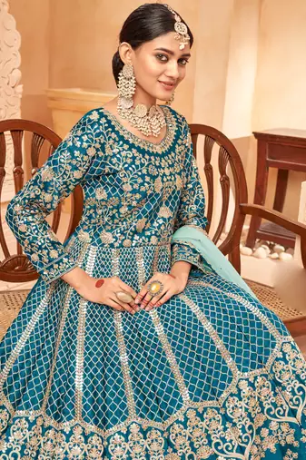 Designer turquoise art silk embroidery anarkali suit