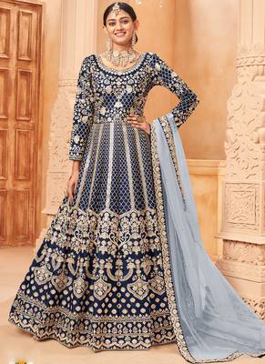 Designer navy blue art silk embroidery anarkali suit 1