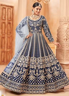 Designer navy blue art silk embroidery anarkali suit 2