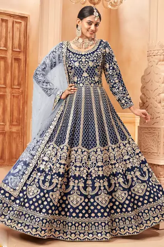 Designer navy blue art silk embroidery anarkali suit