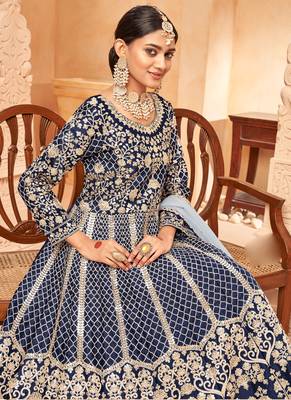 Designer navy blue art silk embroidery anarkali suit 3