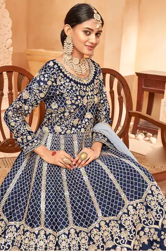 Designer navy blue art silk embroidery anarkali suit
