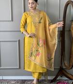 Women Mustard Chanderi Silk Embroidered Kurta Pant Dupatta Set