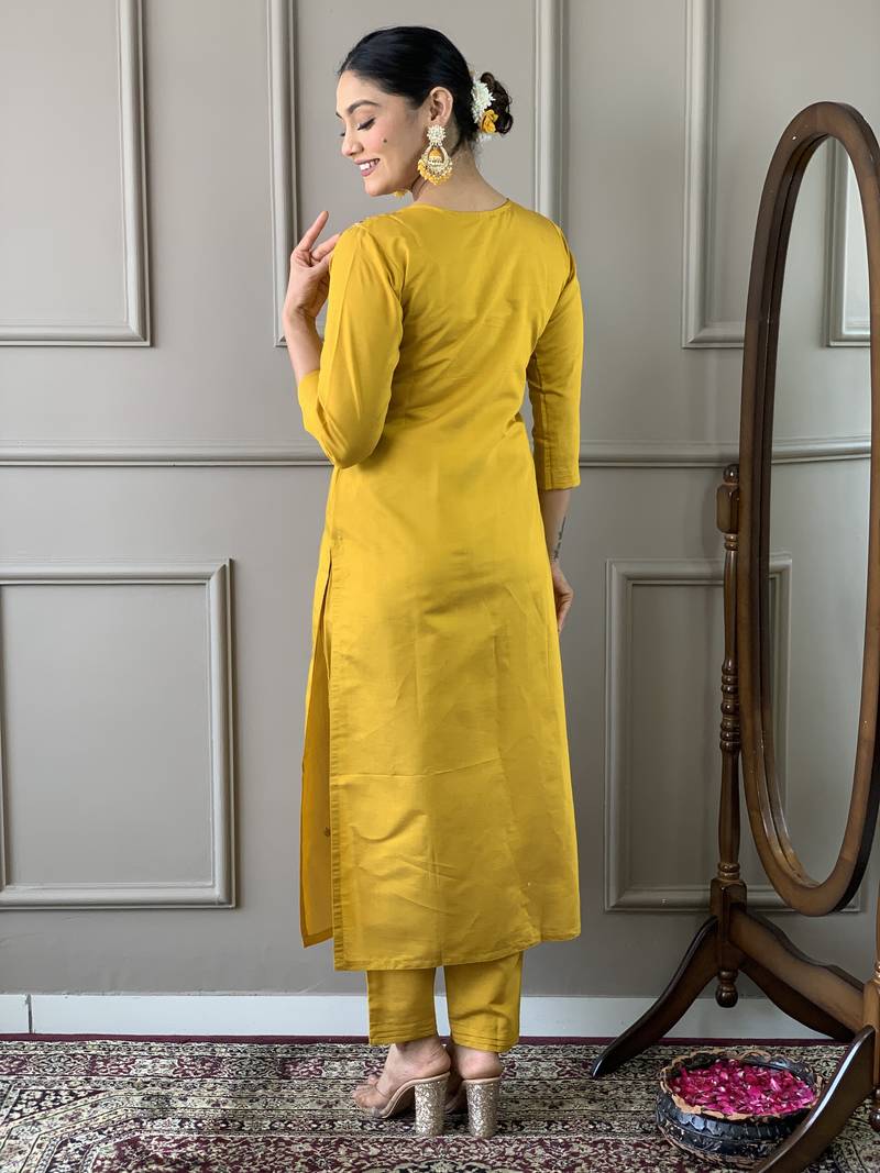 Women Mustard Chanderi Silk Embroidered Kurta Pant Dupatta Set