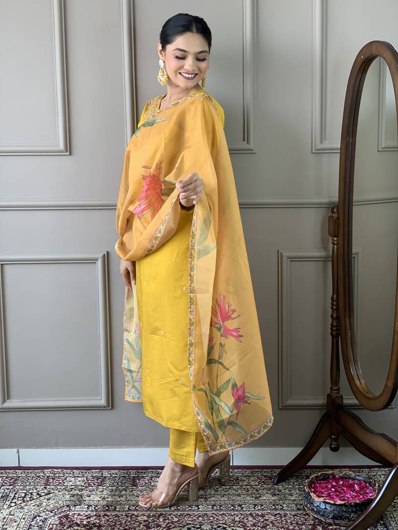 Women Mustard Chanderi Silk Embroidered Kurta Pant Dupatta Set