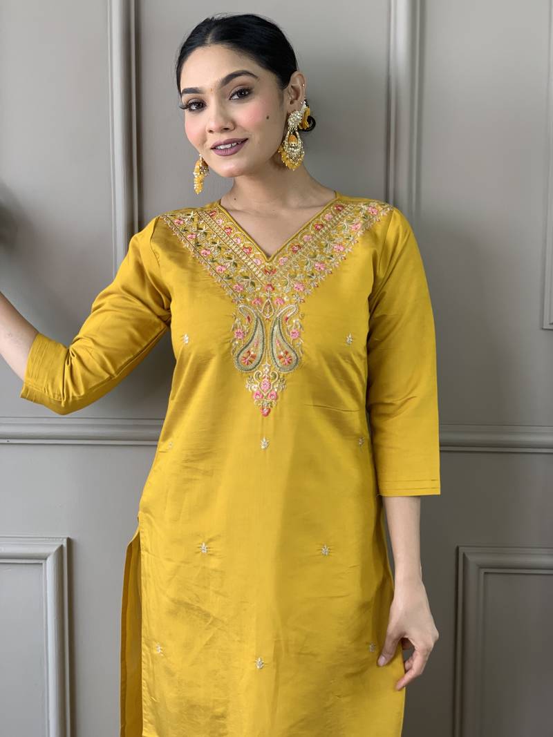 Women Mustard Chanderi Silk Embroidered Kurta Pant Dupatta Set