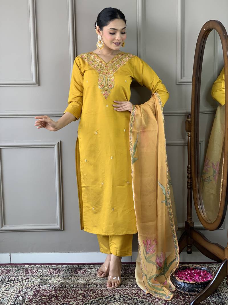 Women Mustard Chanderi Silk Embroidered Kurta Pant Dupatta Set