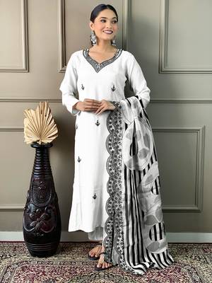 White Viscose Fabric Straight Kurta, Pant and Dupatta Set 1