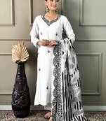 White Viscose Fabric Straight Kurta, Pant and Dupatta Set