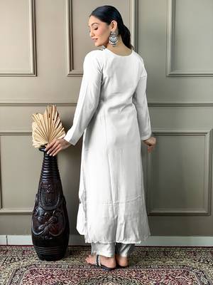 White Viscose Fabric Straight Kurta, Pant and Dupatta Set 2