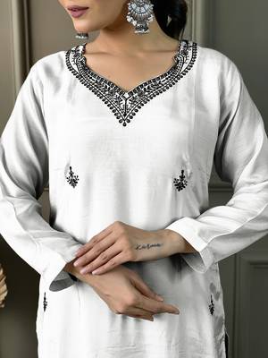 White Viscose Fabric Straight Kurta, Pant and Dupatta Set 4