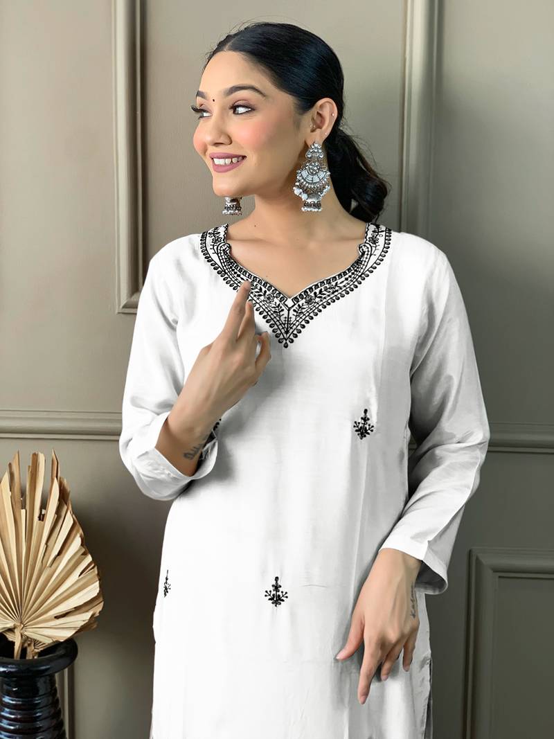 White Viscose Fabric Straight Kurta, Pant and Dupatta Set