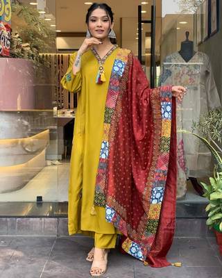 Gorgeous Mustard Chanderi Silk Embroidered Kurta Pant Dupatta Set 1