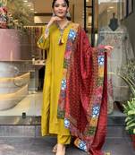 Gorgeous Mustard Chanderi Silk Embroidered Kurta Pant Dupatta Set