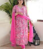 Women Pink Georgette Printed Embroidered Kurta Pant Dupatta Set