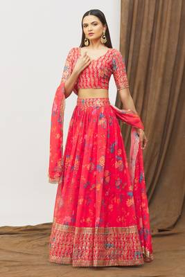 Digital Print Georget Multi Sequnce Work Lehenga Choli With Unstitched Blouse and Stitched print Dupatta For Women 2