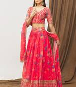 Digital Print Georget Multi Sequnce Work Lehenga Choli With Unstitched Blouse and Stitched print Dupatta For Women