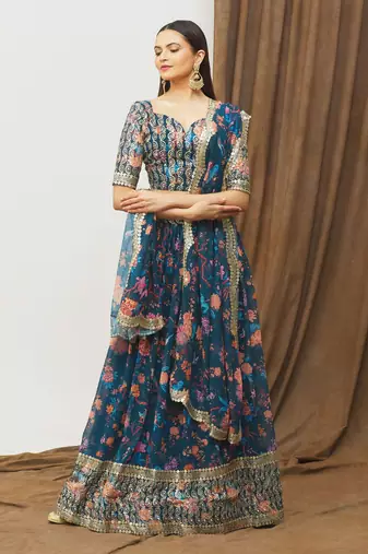Digital Print Georget Multi Sequnce Work Lehenga Choli With Unstitched Blouse and Stitched print Dupatta For Women
