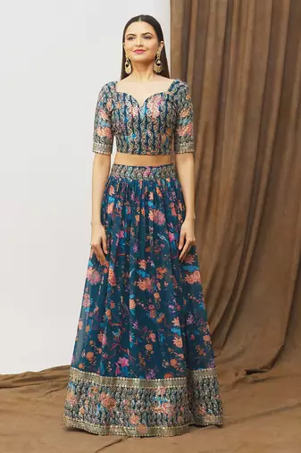 Digital Print Georget Multi Sequnce Work Lehenga Choli With Unstitched Blouse and Stitched print Dupatta For Women