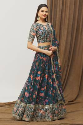 Digital Print Georget Multi Sequnce Work Lehenga Choli With Unstitched Blouse and Stitched print Dupatta For Women 1