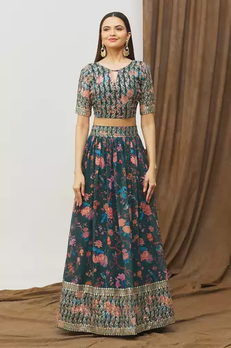 Digital Print Georget Multi Sequnce Work Lehenga Choli With Unstitched Blouse and Stitched print Dupatta For Women