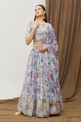 Digital Print Georget Multi Sequnce Work Lehenga Choli With Unstitched Blouse and Stitched print Dupatta For Women 1